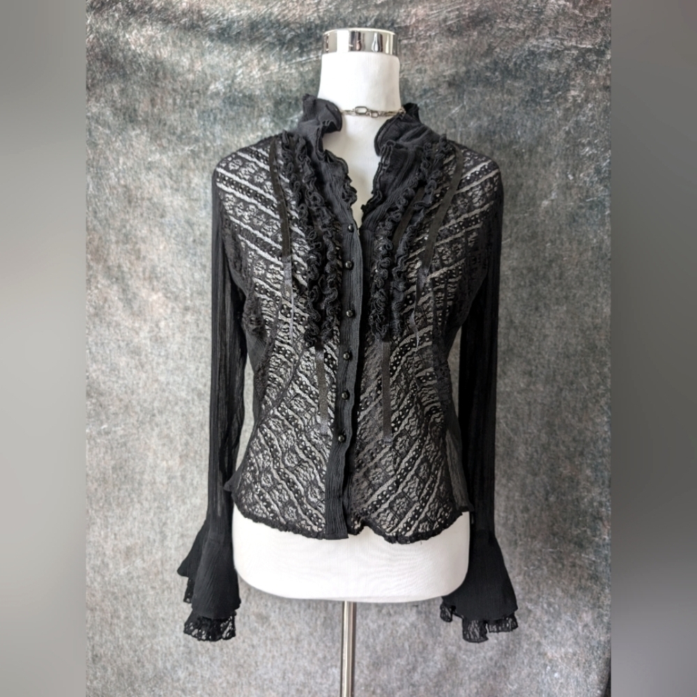 Y2K Silk Blend Sheer Black Lace Femme Blouse